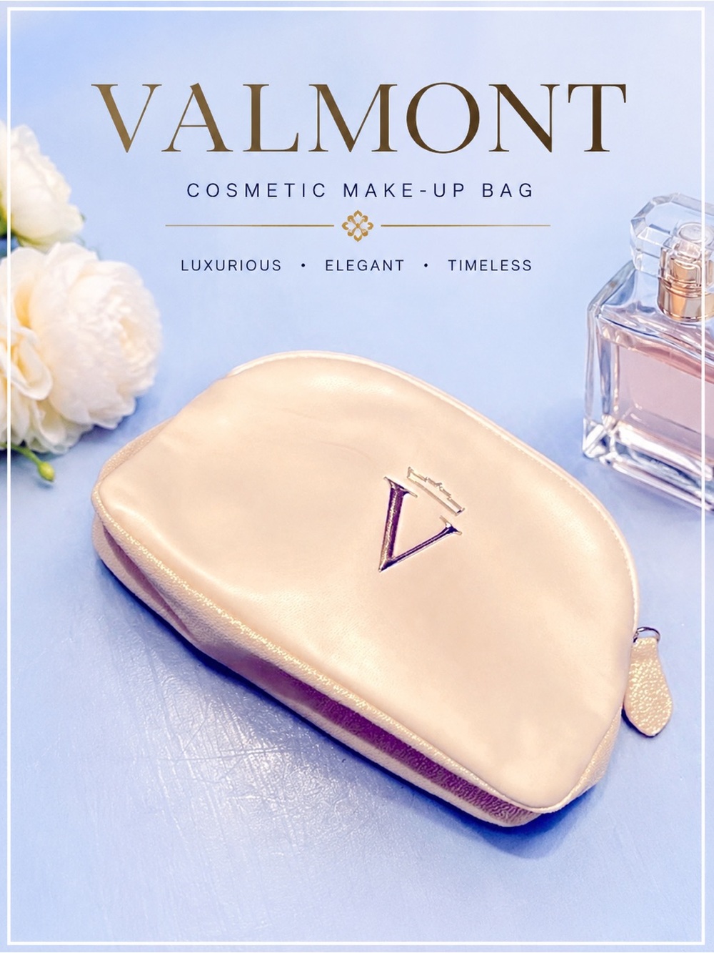 VALMONT Luxury Cosmetic Bag / Makeup Pouch – White & Gold Travel Case